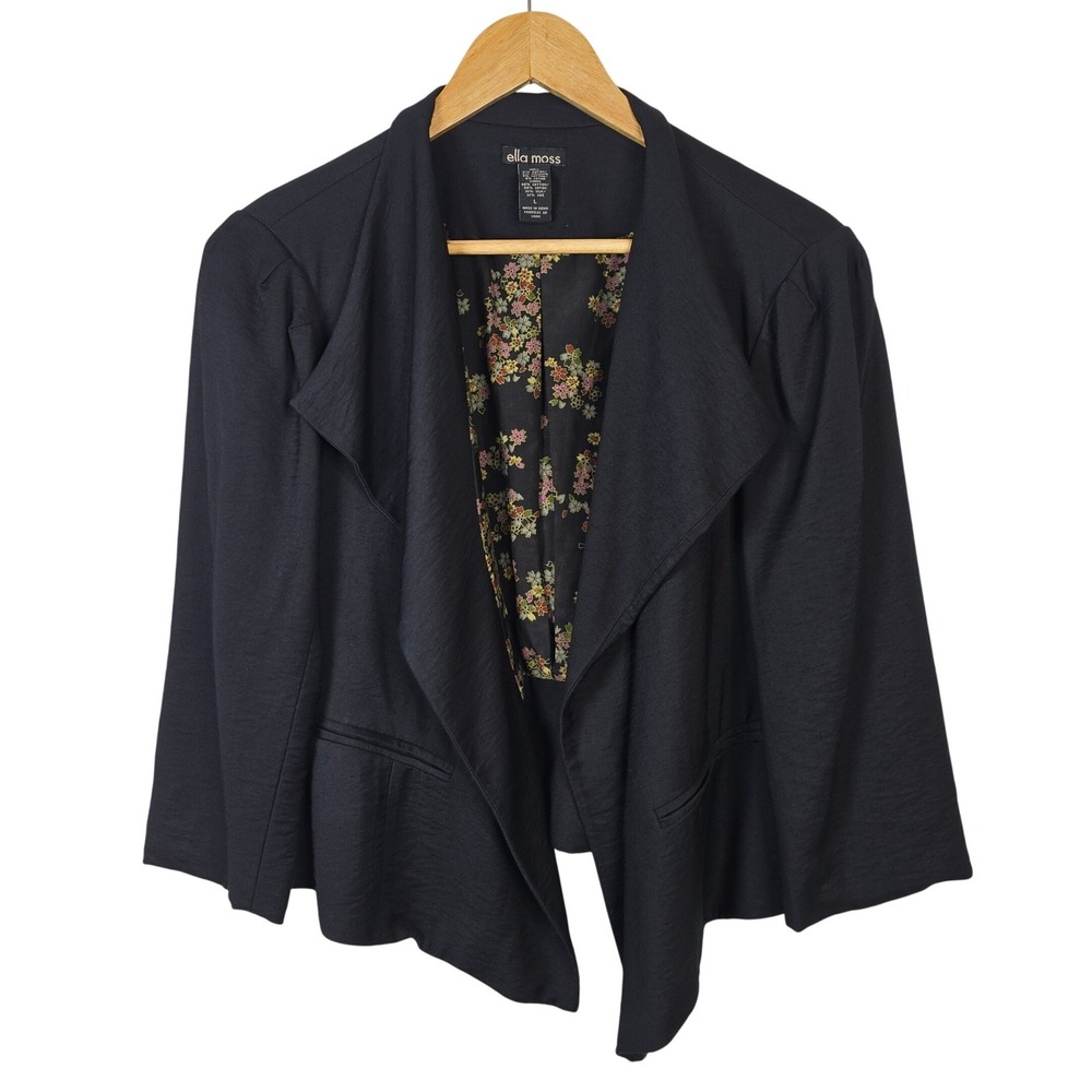 Ella Moss Black Drape Front Blazer Floral Silk Blend Lining 3/4 Sleeve Large